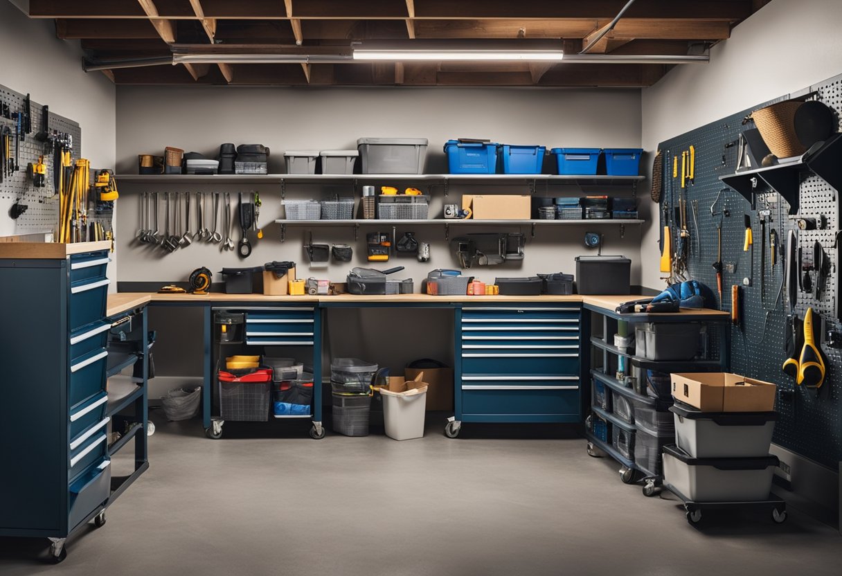 A garage with neatly organized storage cabinets, tools hanging on pegboards, and labeled bins for easy access