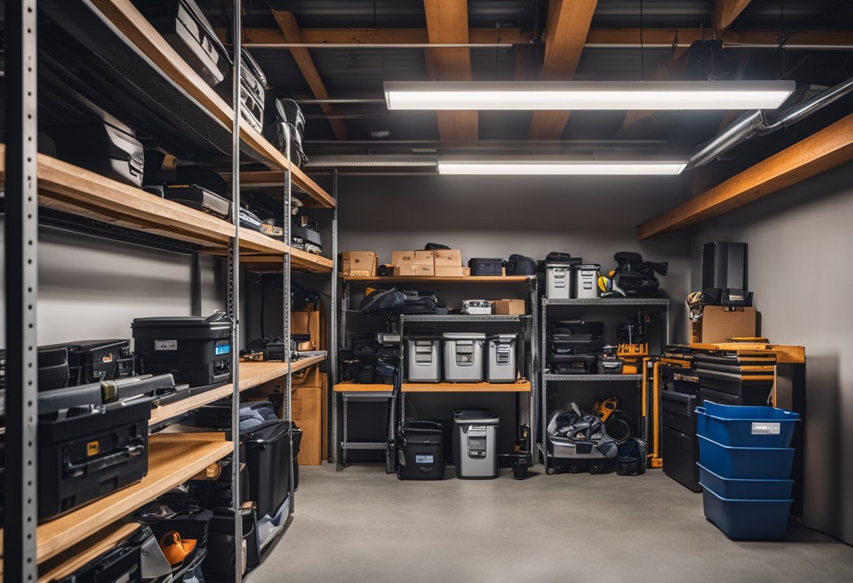 Various items neatly stored on ceiling-mounted racks in a clutter-free garage