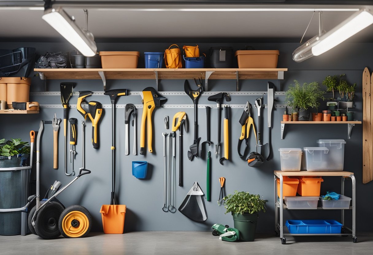 A garage wall with shelves, hooks, and bins holding tools, sports equipment, and gardening supplies