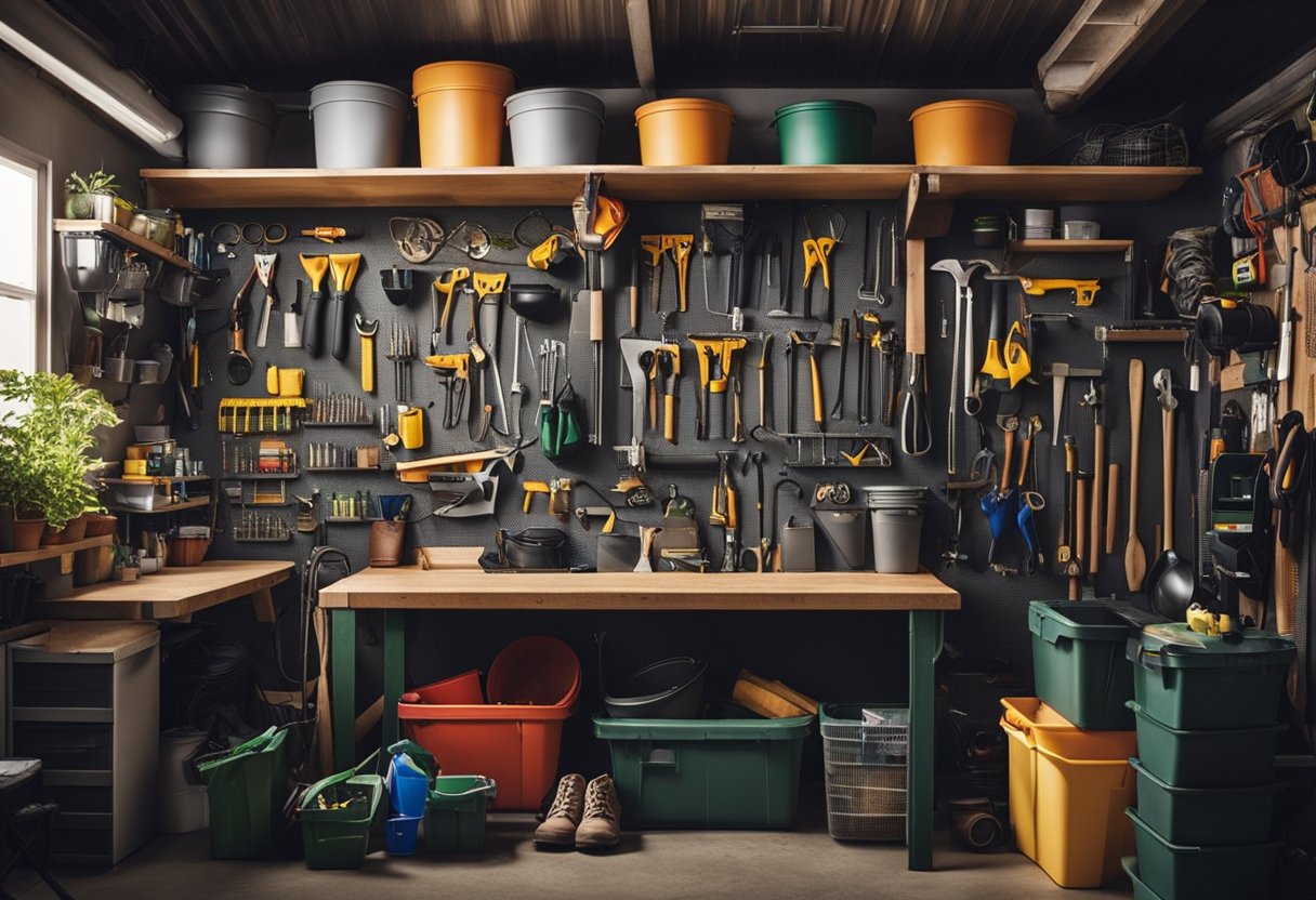 A cluttered garage with shelves, hooks, and bins for organizing tools, sports equipment, and gardening supplies