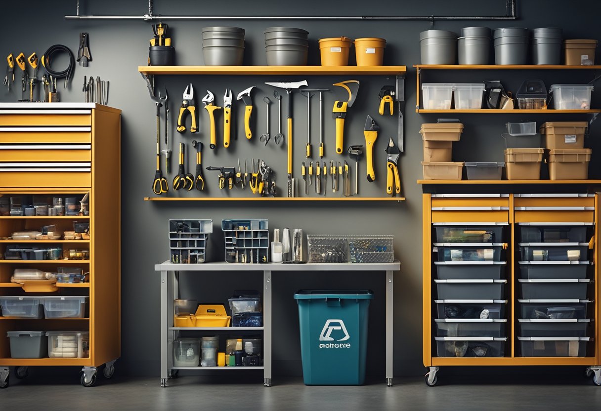 Various tools and storage solutions neatly organized in a garage. Shelves, hooks, and labeled bins are utilized to maximize space and efficiency