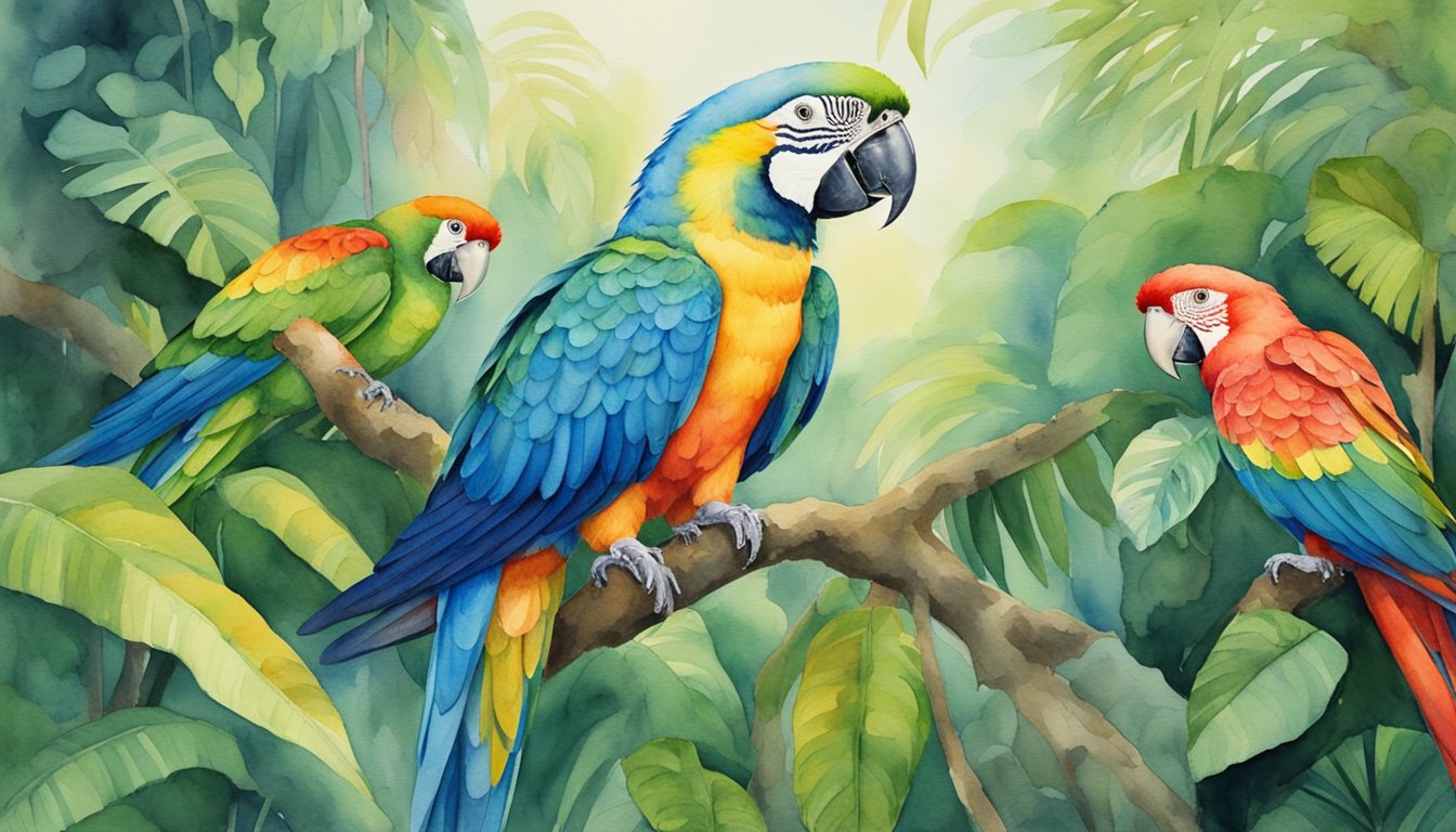 Colorful parrots perched in a lush rainforest, surrounded by vibrant foliage and other wildlife