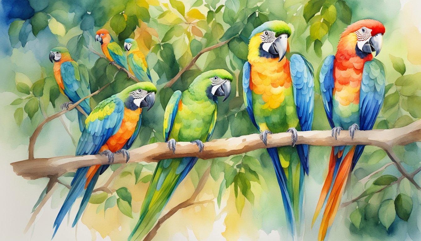 Colorful parrots perch on wooden branches in a spacious aviary, surrounded by vibrant greenery and natural sunlight