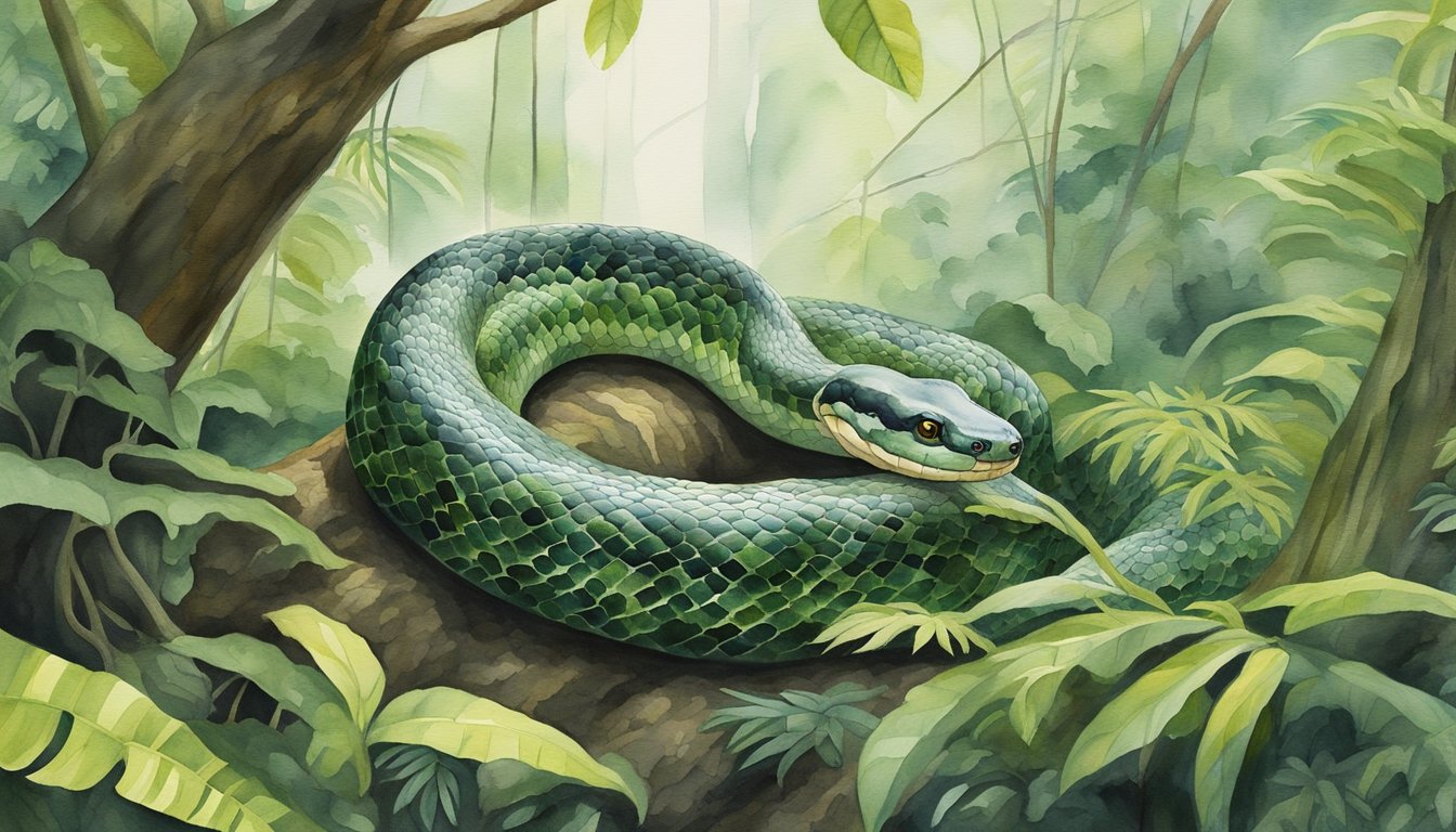 The massive anaconda slithers through the dense rainforest, its sleek body coiling around a towering tree trunk.</p><p>Its predatory gaze fixates on potential prey, blending seamlessly into its lush, green habitat