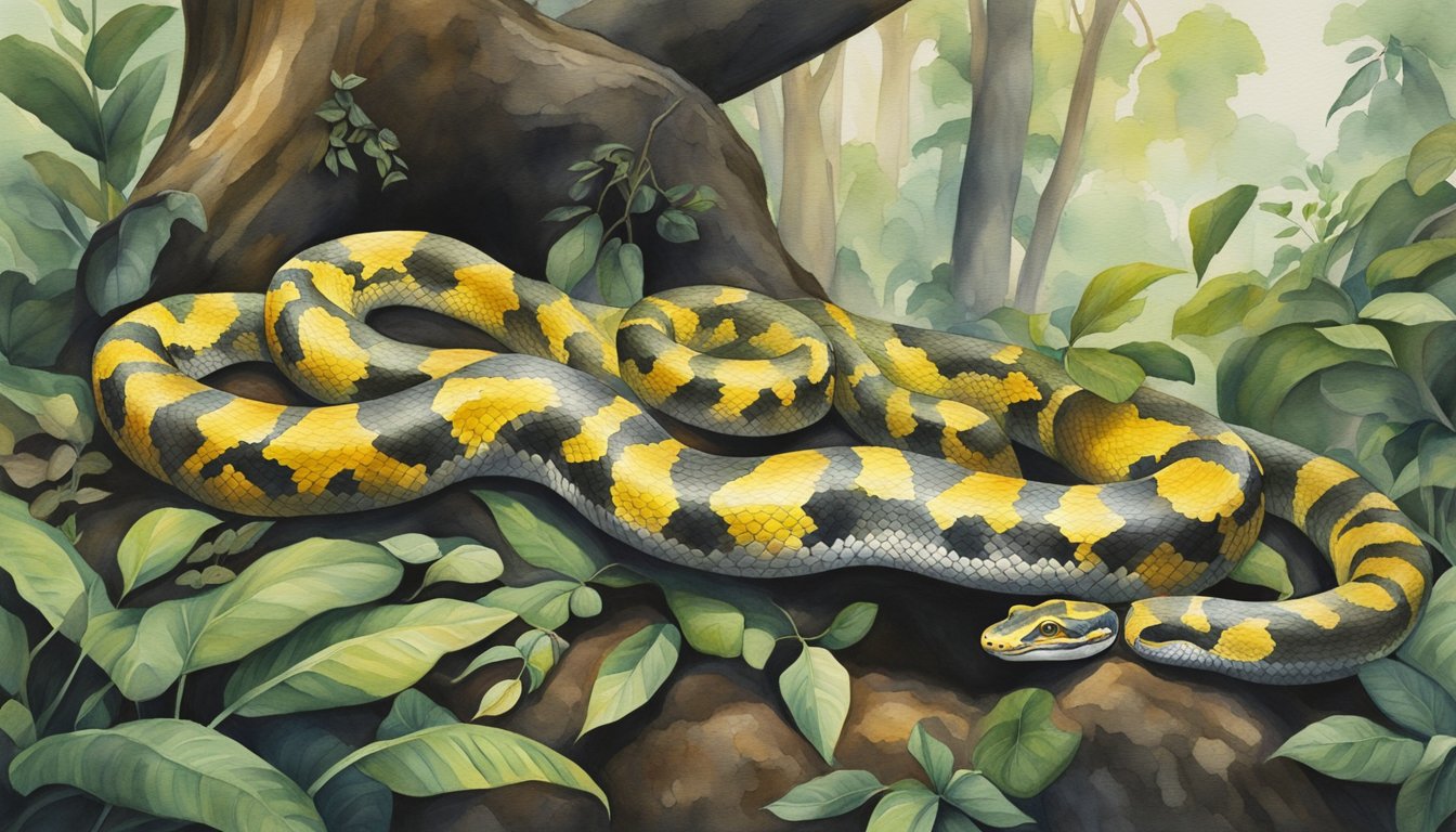 The world's largest snake, the reticulated python, slithers through a lush rainforest, coiling around a massive tree trunk.</p><p>A variety of colorful birds and small mammals cautiously observe the powerful predator from a safe distance