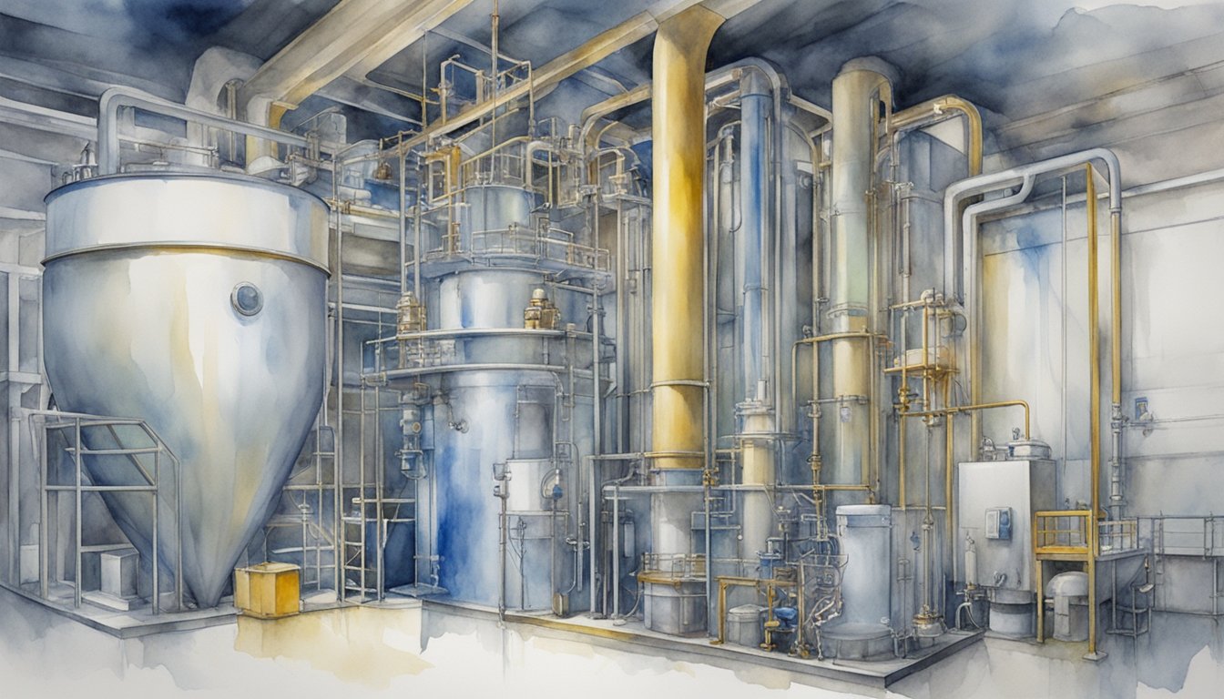 Metallic chamber with cold vapor swirling, tubes and gauges, and a large cryogenic tank connected to the system