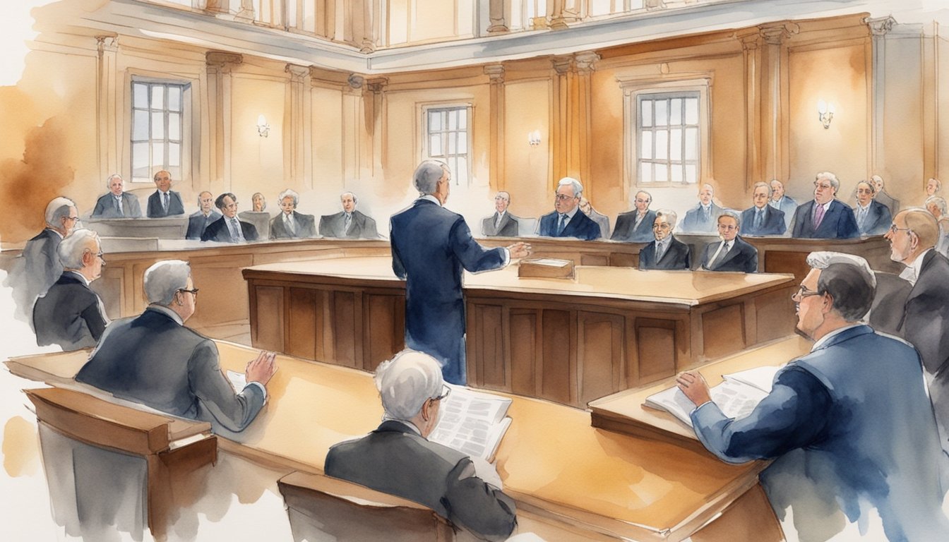 A courtroom with lawyers presenting arguments on cryogenic freezing legality.</p><p>Judges and jury listen intently