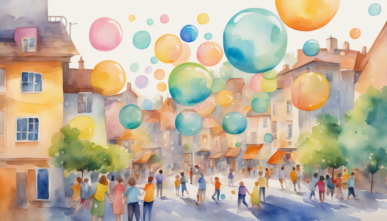 Colorful bubbles float in a vibrant town.</p><p>People play games, slide down slides, and pop bubbles.</p><p>The town is alive with movement and excitement