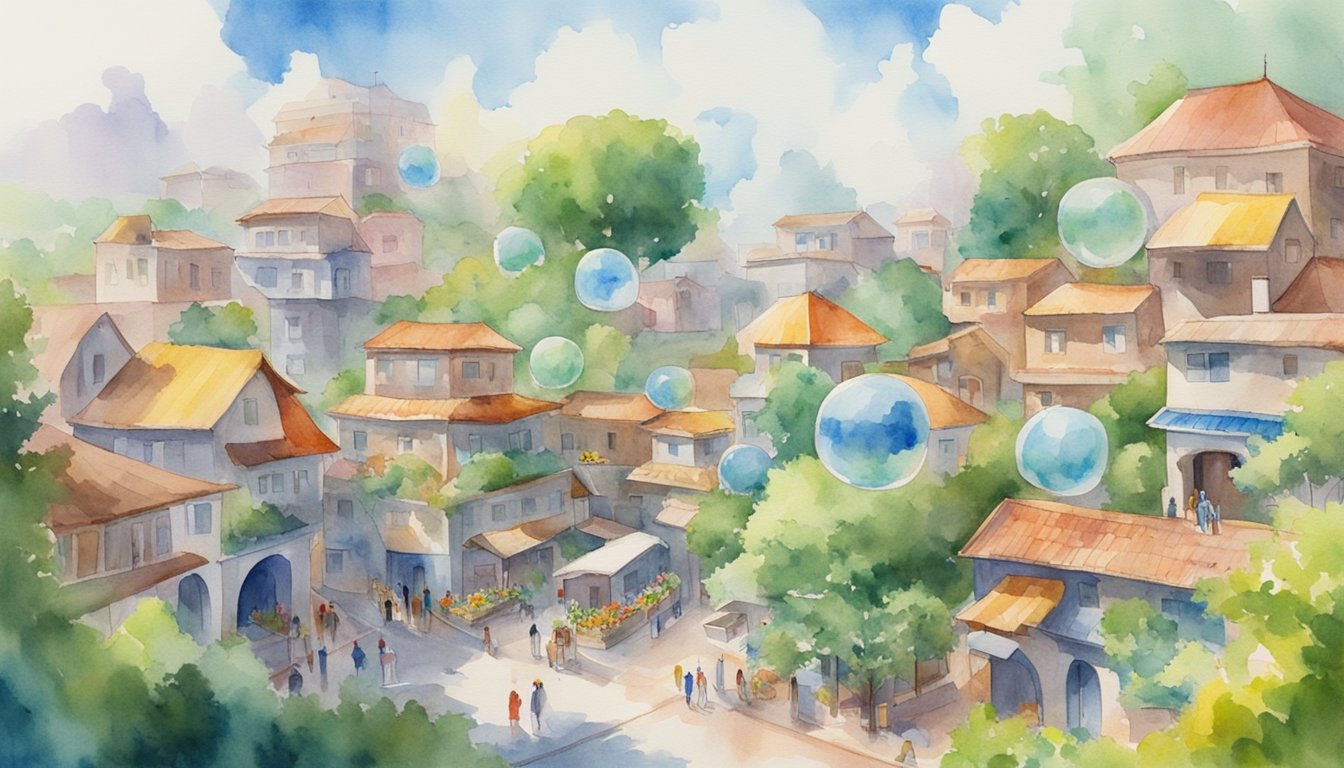Colorful platforms float in a bubble-filled town, surrounded by vibrant buildings and lush greenery.</p><p>The town is bustling with activity, and the platforms provide easy access to all areas