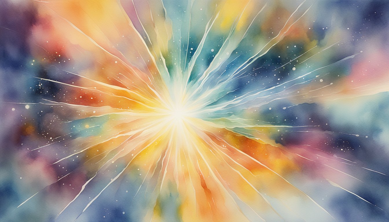 Explosive energy bursts from a central point, sending matter and light in all directions, creating the universe's structure
