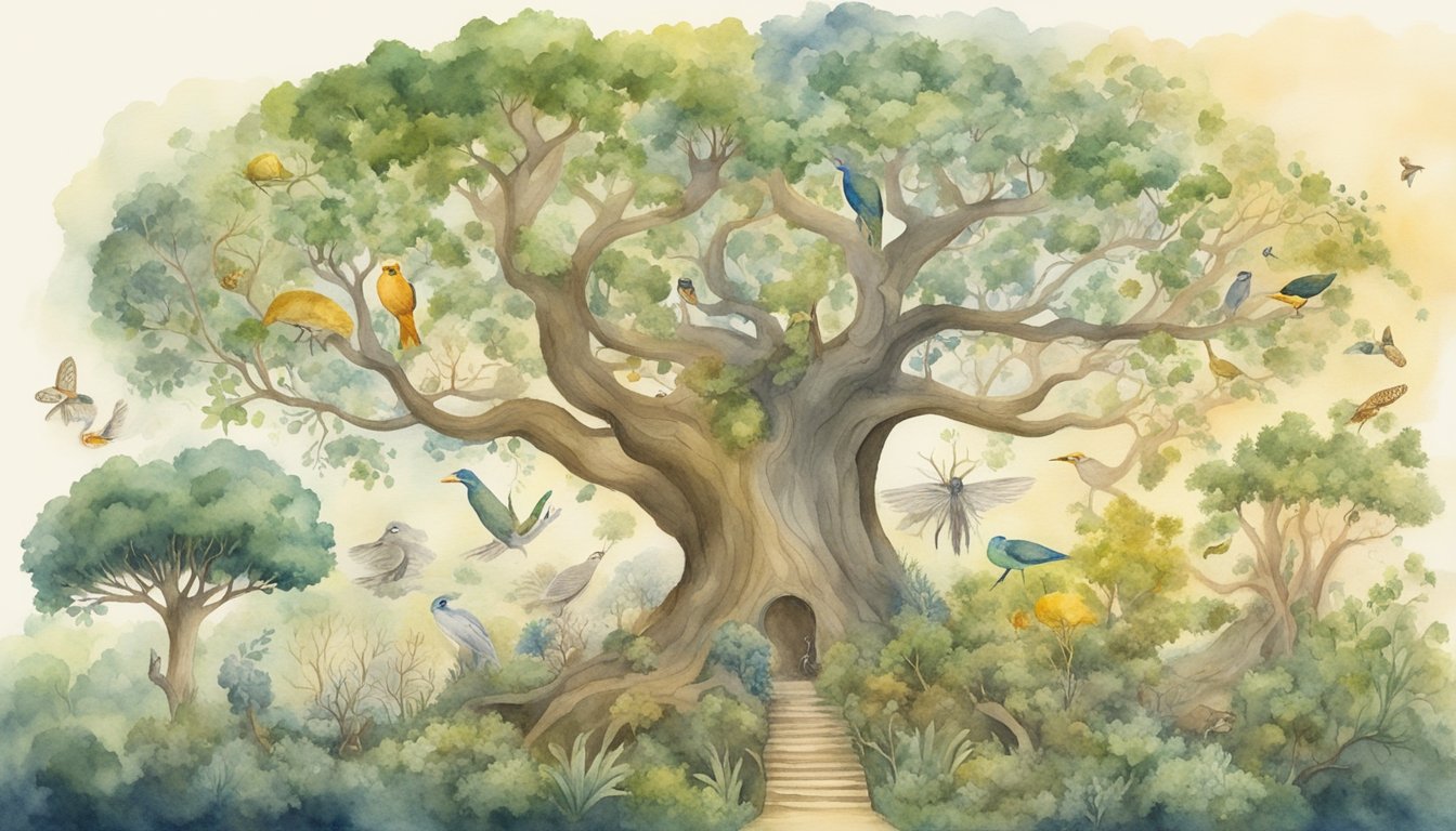 Charles Darwin's theory of evolution depicted through a tree of life, with diverse organisms branching from a common ancestor