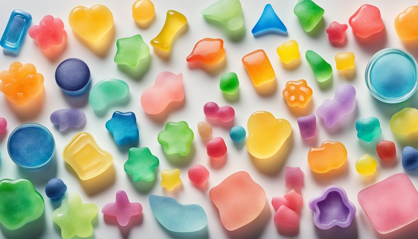 A variety of gummy shapes and colors laid out on a table with labels indicating "weight loss" benefits