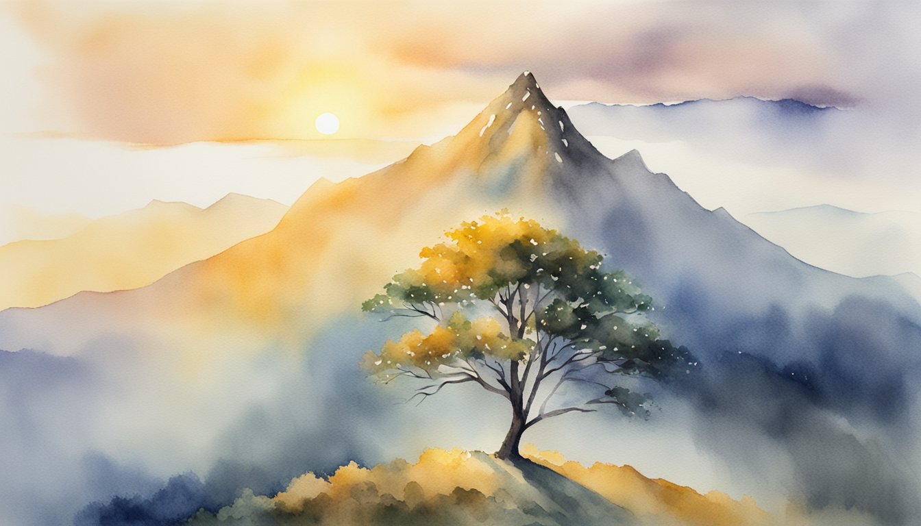 A serene mountain peak at sunrise, surrounded by mist and bathed in golden light, with a lone tree standing tall, symbolizing spiritual connection to nature