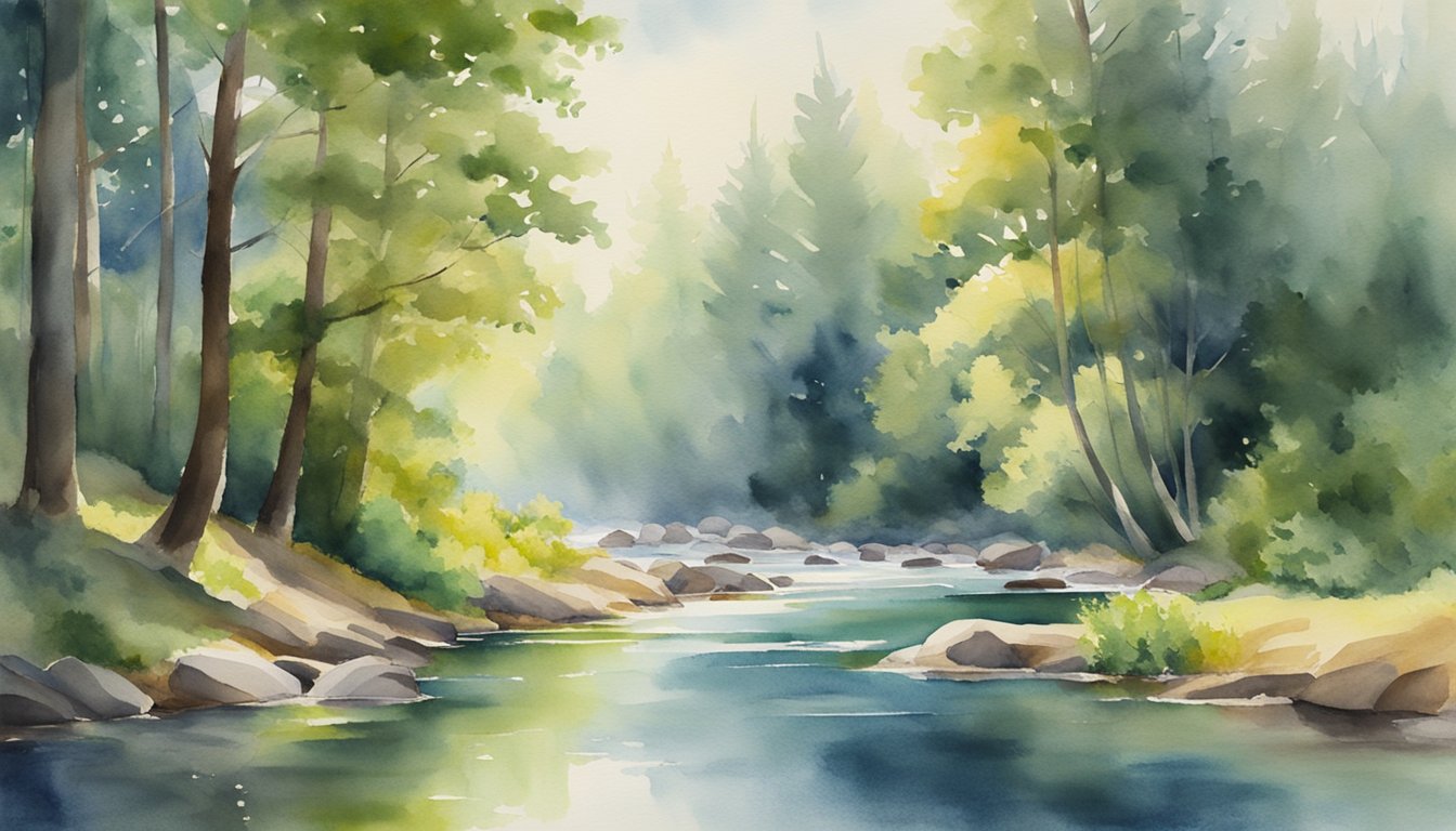 A serene landscape with a tranquil river flowing through a lush forest, with a beam of sunlight breaking through the trees, creating a sense of peace and connection to nature