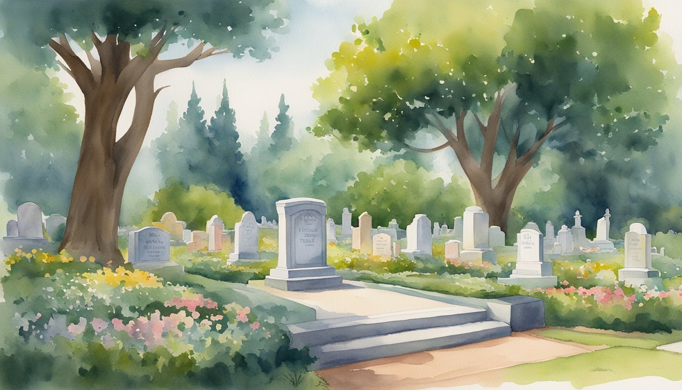 A serene, well-kept gravesite with a prominent headstone bearing the name "Walt Disney." Surrounding area is lush and peaceful, with subtle nods to Disney's iconic characters and creations