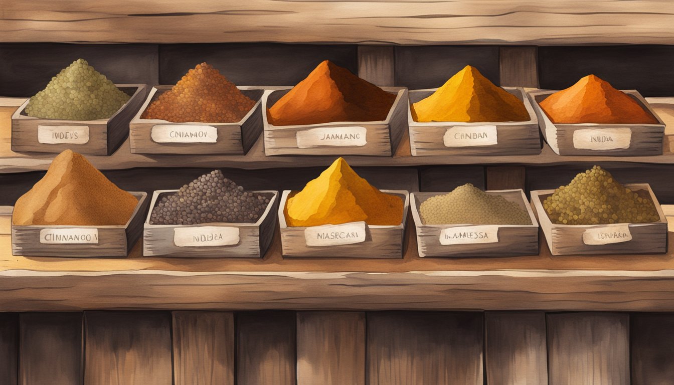 Various spices (cinnamon, pepper, cloves) displayed on rustic wooden crates, with small signs indicating their origins (India, Indonesia, Madagascar)