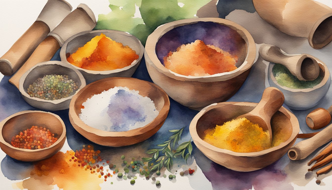 A variety of colorful spices scattered on a wooden cutting board, with vibrant hues and distinct textures.</p><p>A mortar and pestle sit nearby, ready for use