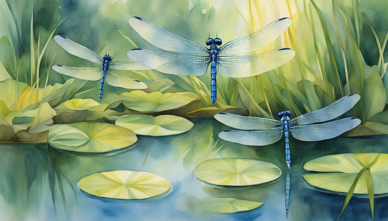 Dragonflies hover over a tranquil pond, their iridescent wings shimmering in the sunlight.</p><p>They dart and weave through the air, hunting for prey and performing intricate mating dances