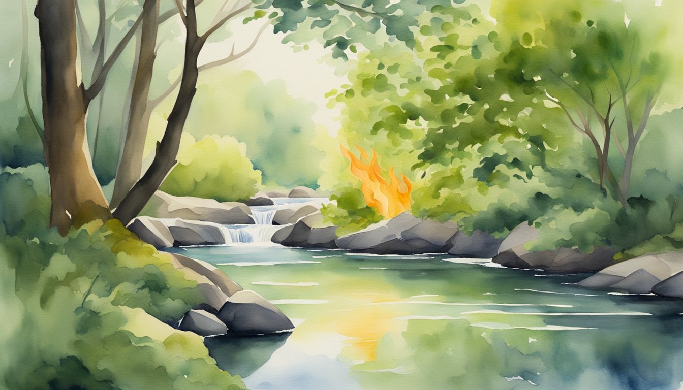 A serene river flows, surrounded by lush greenery.</p><p>A flame symbolizes traditional cremation, while water represents the alternative method.</p><p>Both elements coexist peacefully, inviting contemplation