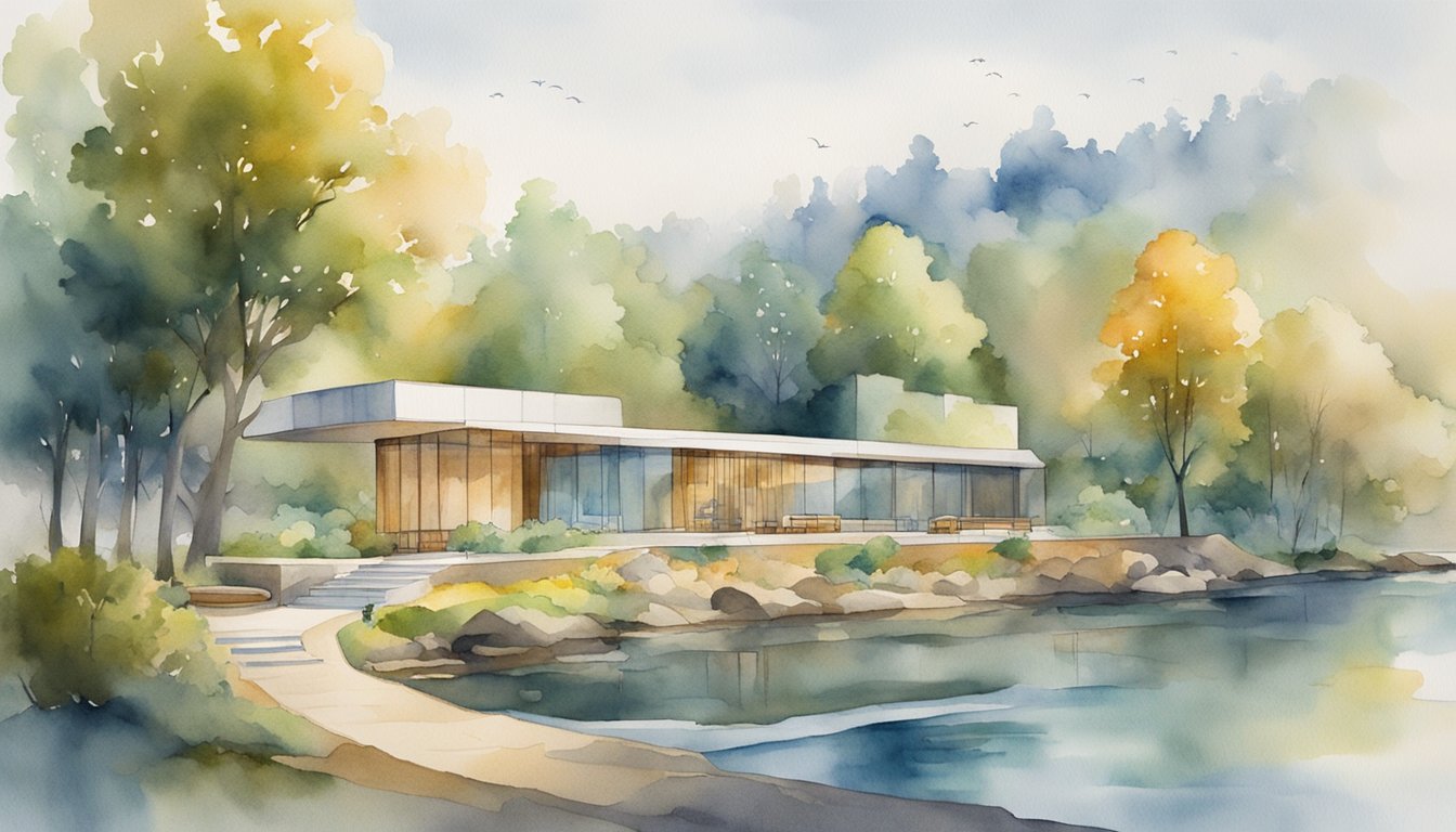 A serene riverbank with a modern cremation facility, surrounded by diverse cultural symbols and eco-friendly technology