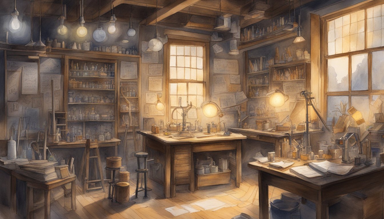 Thomas Edison's early life: a cluttered workshop with scattered tools, glowing light bulbs, and a chalkboard covered in sketches and equations