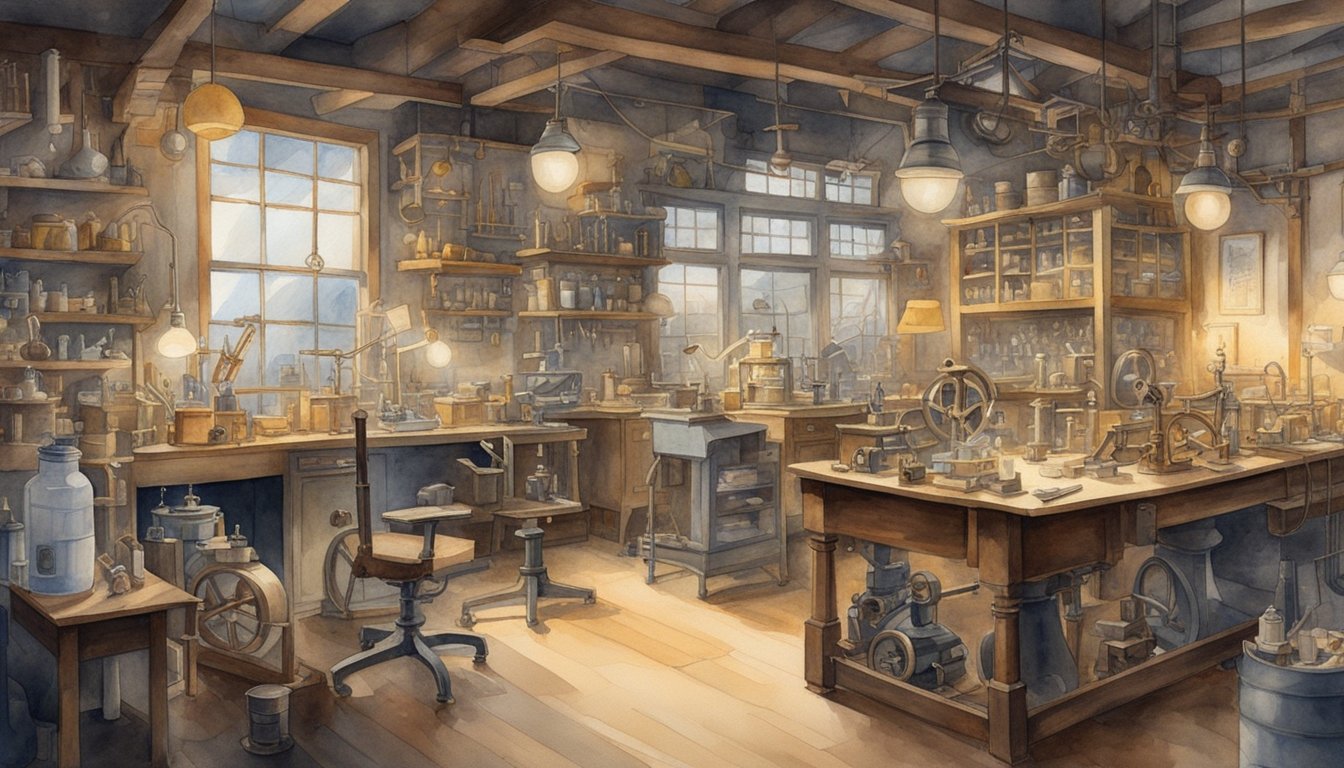 Thomas Edison's key innovations and business ventures depicted in a cluttered workshop with various inventions, light bulbs, and machinery