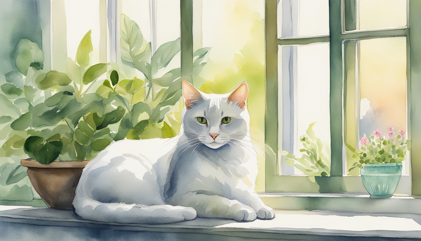 A contented cat lounges on a sun-drenched windowsill, surrounded by green plants and a bowl of fresh water