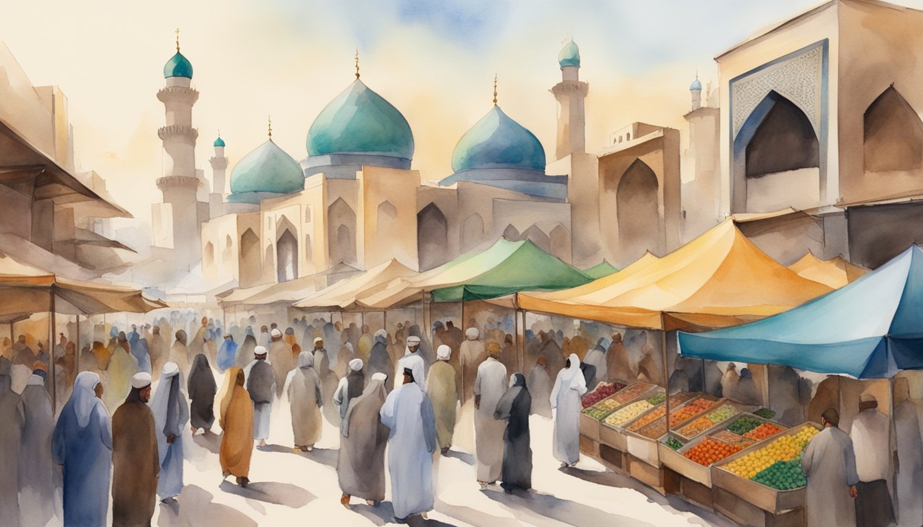 A bustling marketplace with Sunni and Shia symbols, art, and food stalls, surrounded by vibrant mosques and community centers