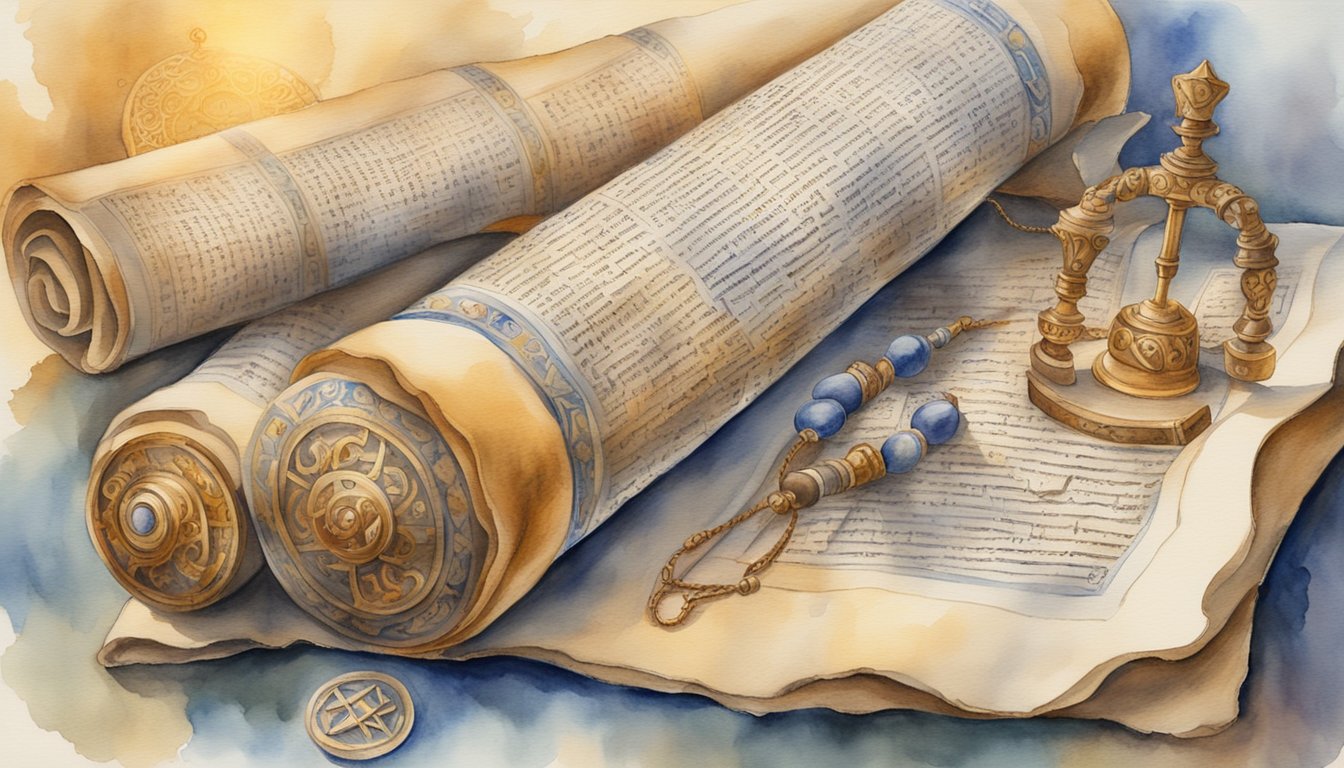 A scroll unfurls with ancient Hebrew text, surrounded by symbols of faith and divine inspiration