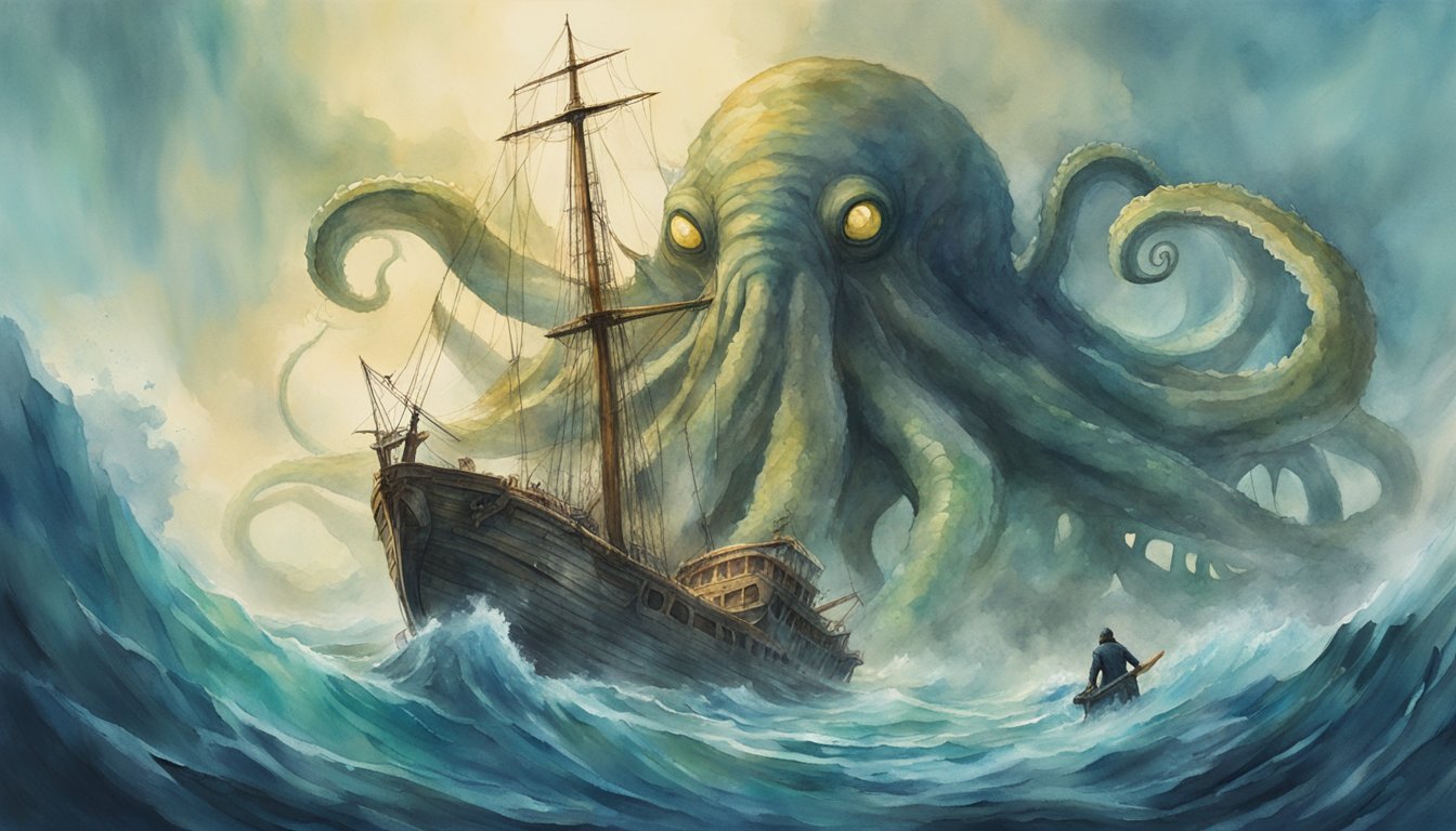A massive kraken monster looms over a shipwreck, its tentacles reaching out to grab the broken mast.</p><p>The creature's enormous eyes glare menacingly as it dwarfs the surrounding wreckage