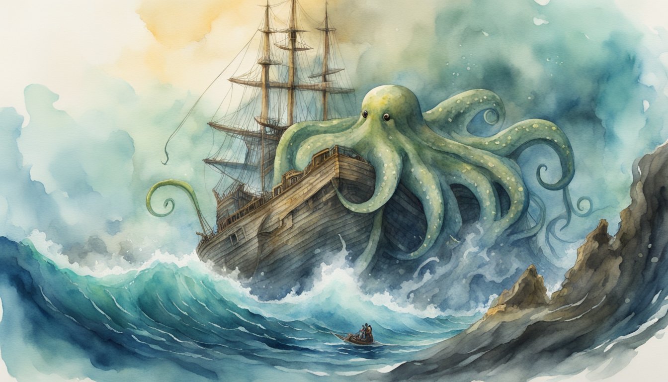 The kraken monster rises from the depths, its massive tentacles looming over a shipwreck, symbolizing the cultural impact and legacy of the legendary sea creature