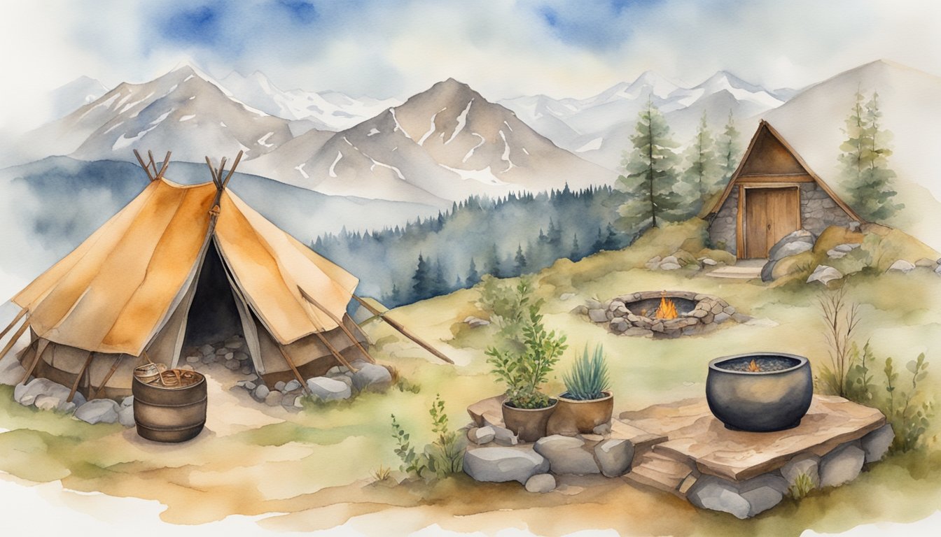 Ötzi's life: mountain landscape, copper tools, fire pit, animal hides, and plants.</p><p>Tattoo tools and designs visible