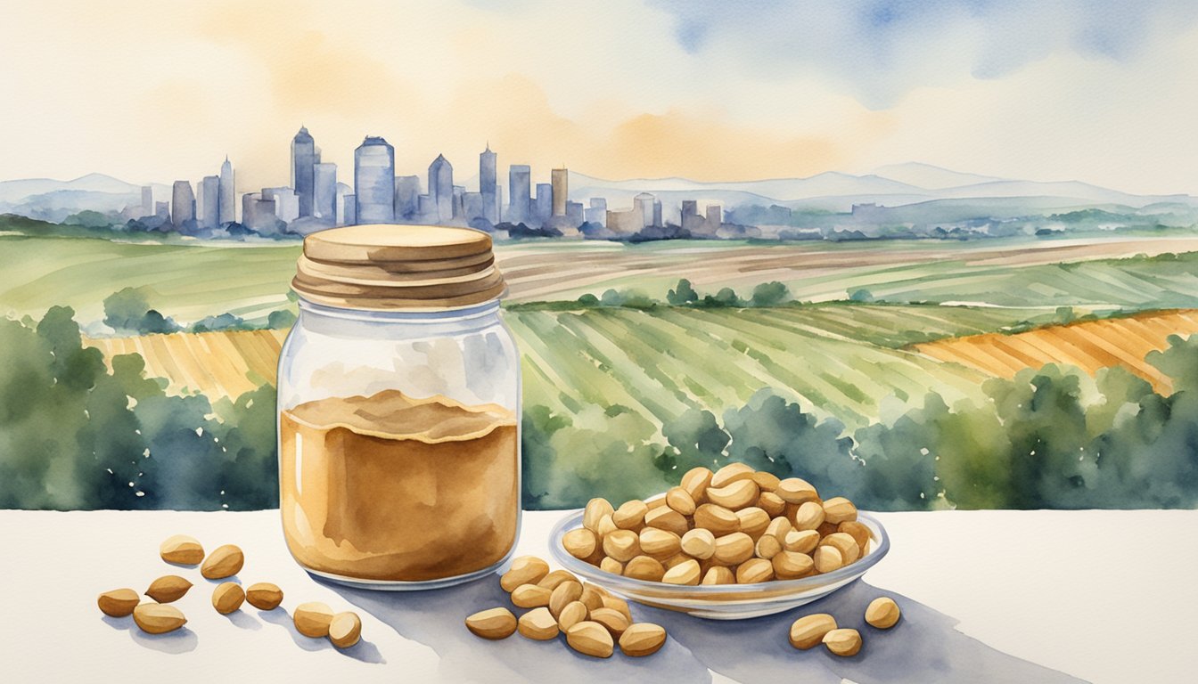 A jar of peanut butter surrounded by peanuts, with a backdrop of agricultural fields and a city skyline, symbolizing its cultural and economic significance