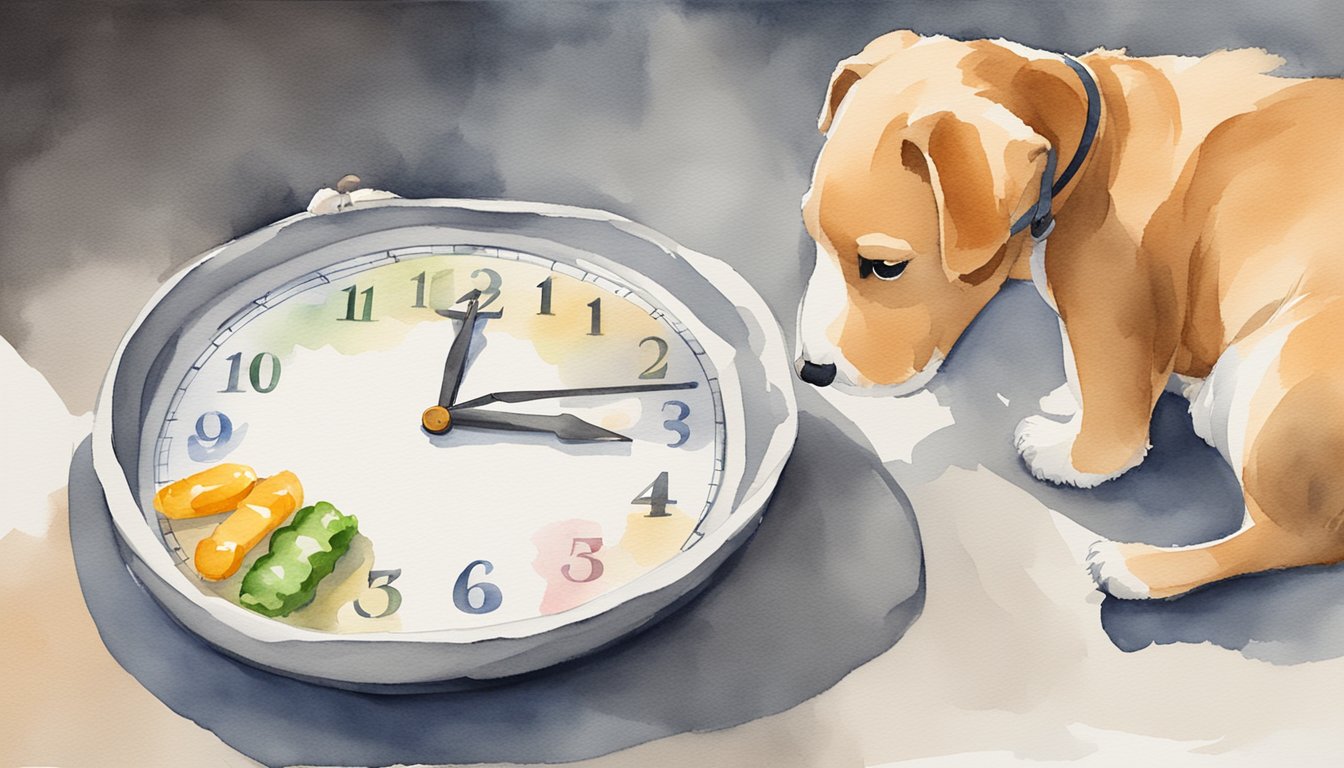 A dog's feeding schedule: A bowl of food placed on the floor, with a clock showing feeding times throughout the day