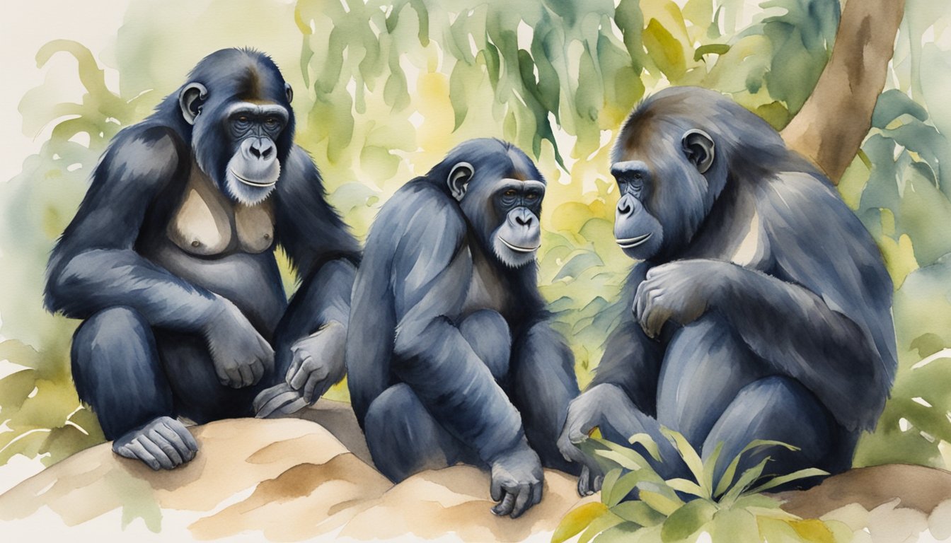 Chimps grooming each other while gorillas assert dominance