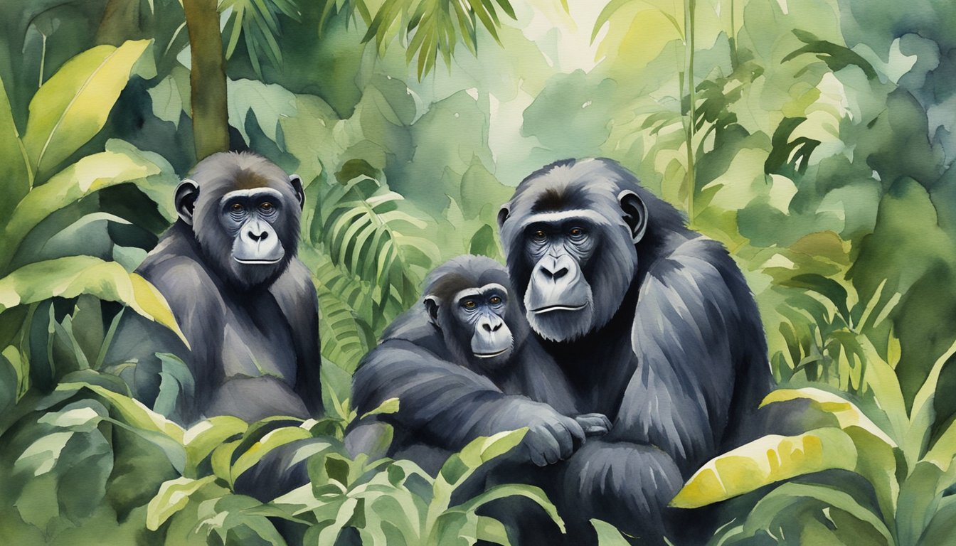 Chimps and gorillas coexist in lush jungle, surrounded by diverse plant life.</p><p>Conservationists monitor and protect the habitat, ensuring the survival of these majestic primates
