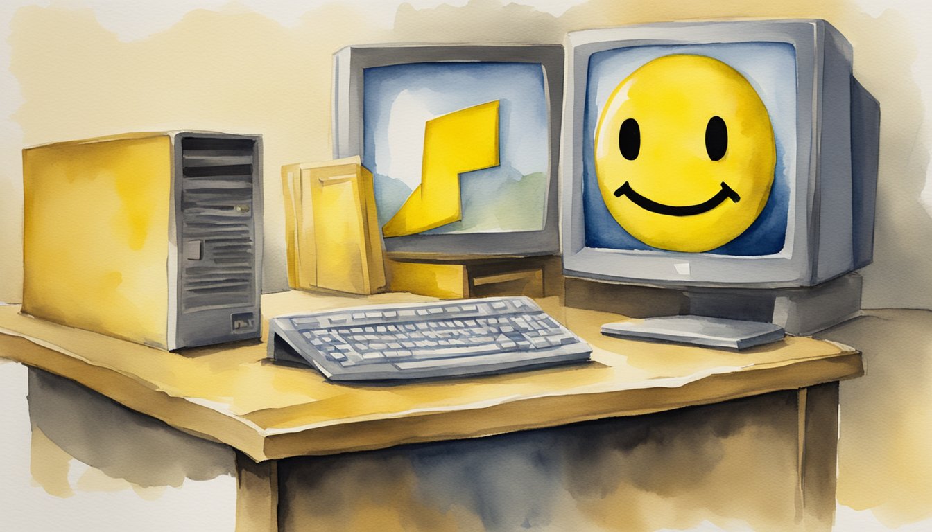The iconic yellow running man logo of AOL Instant Messenger sits abandoned on a dusty computer desk, a relic of a bygone era