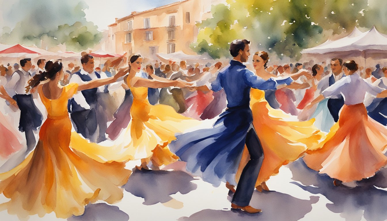 A fiery flamenco dancer twirls in a vibrant, crowded Spanish plaza, surrounded by swirling skirts and passionate music