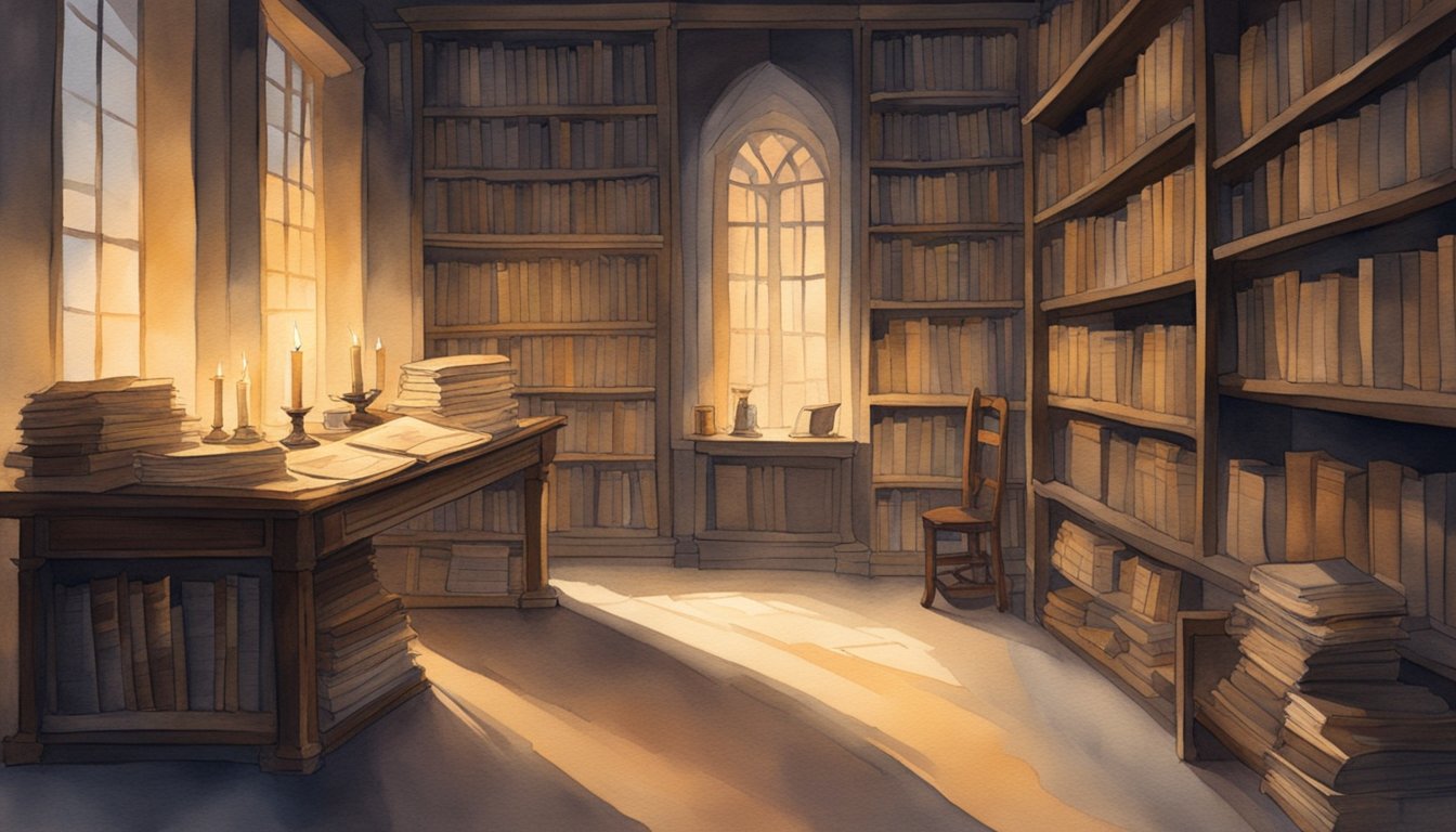 A dimly lit room with shelves filled with ancient texts, a desk strewn with papers and a flickering candle casting long shadows