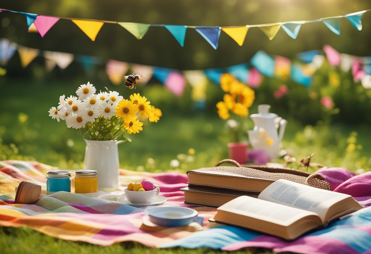 A sunny garden with blooming flowers, buzzing bees, and colorful kites flying in the breeze. A picnic blanket is spread out with a book, a paint set, and a camera