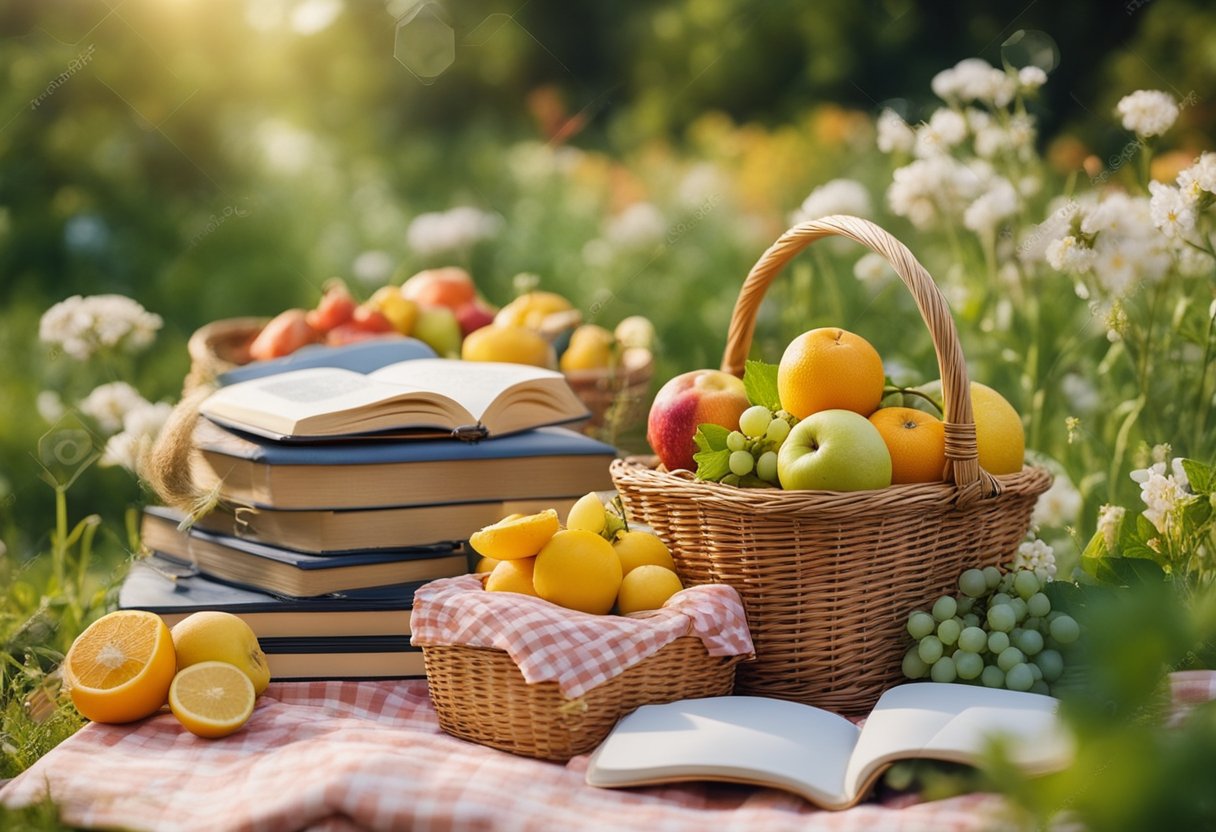 A colorful garden with blooming flowers, a sunny sky, and a gentle breeze. A picnic blanket with a book, a sketchpad, and a basket of fresh fruits