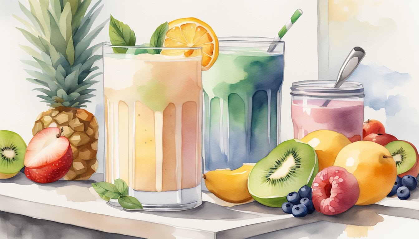 A tall glass filled with a creamy, thick meal replacement drink sits on a clean, white countertop, surrounded by fresh fruits and a measuring scoop of protein powder