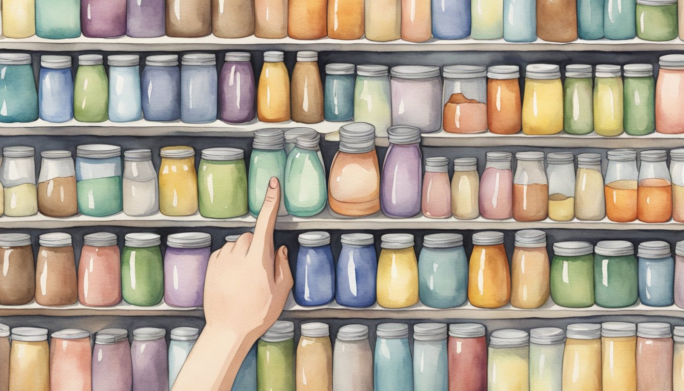 A hand reaches for a shelf lined with various meal replacement shake options, focusing on those specifically designed for weight gain