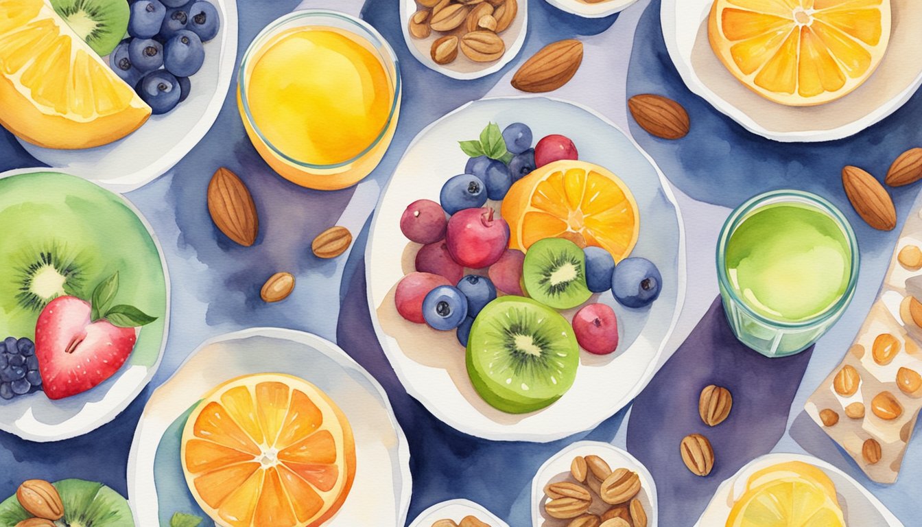 A table with meal replacement drinks, fruits, and nuts.</p><p>A person's hand reaching for a drink.</p><p>Bright, inviting colors