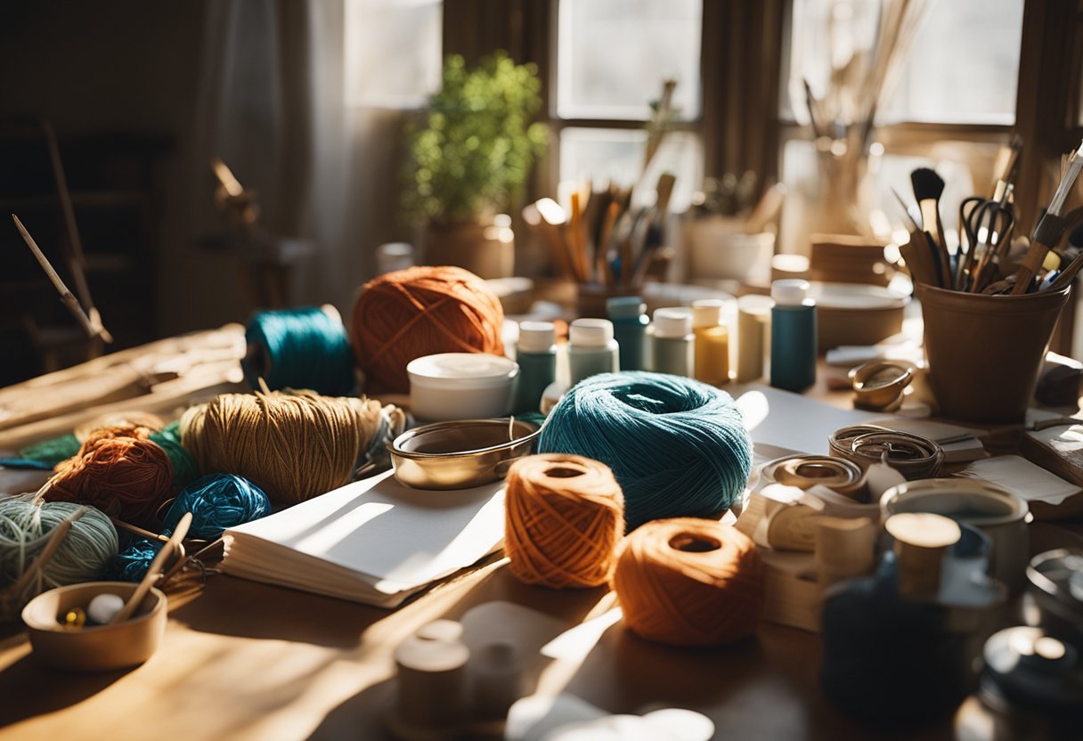 A table with various craft supplies scattered around, including colorful yarn, paintbrushes, and a pile of paper. Sunlight streams in through a nearby window, casting a warm glow on the creative mess