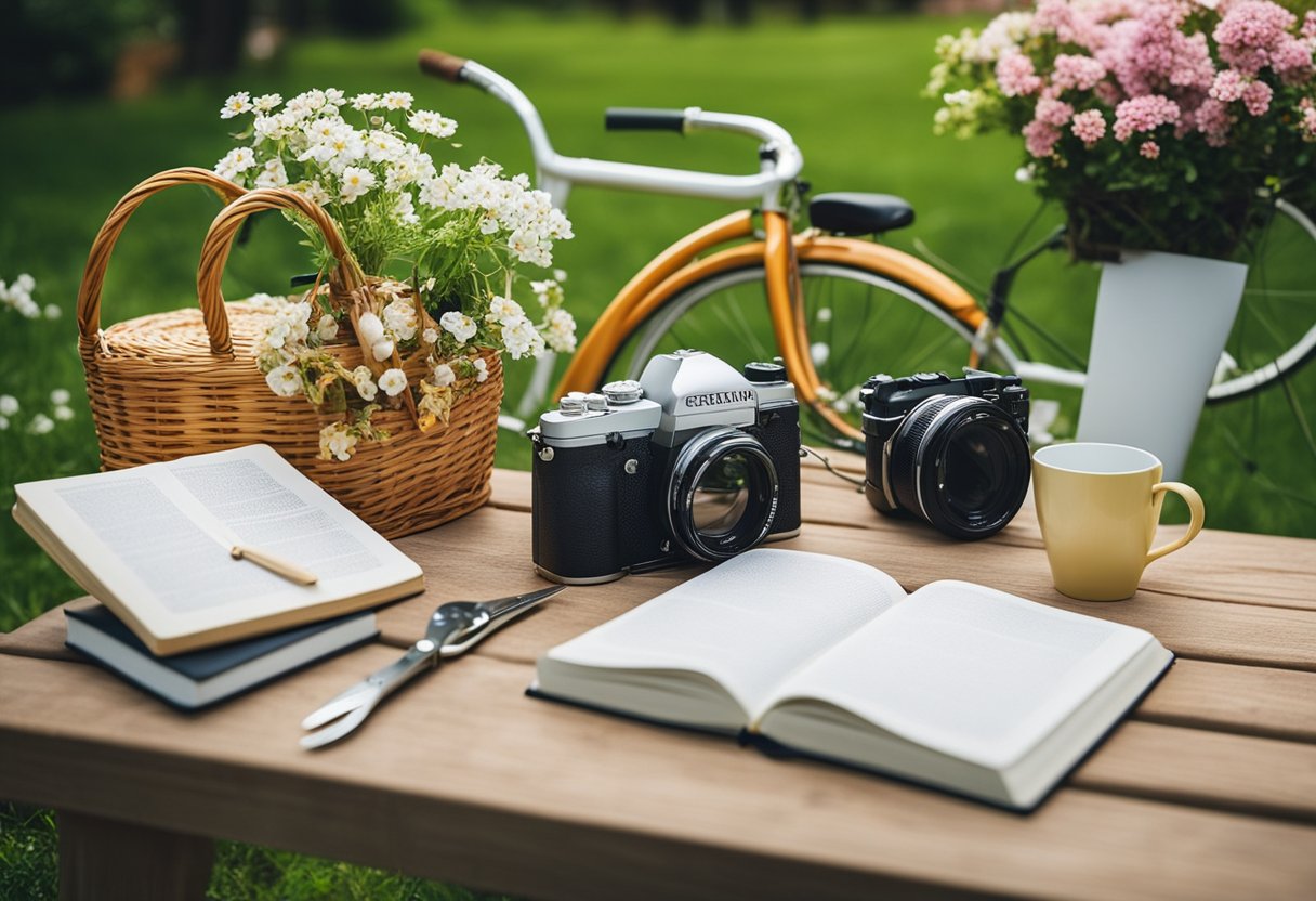 A blooming garden with a variety of spring hobbies scattered around: a picnic blanket, a book, a bicycle, gardening tools, and a sketchpad