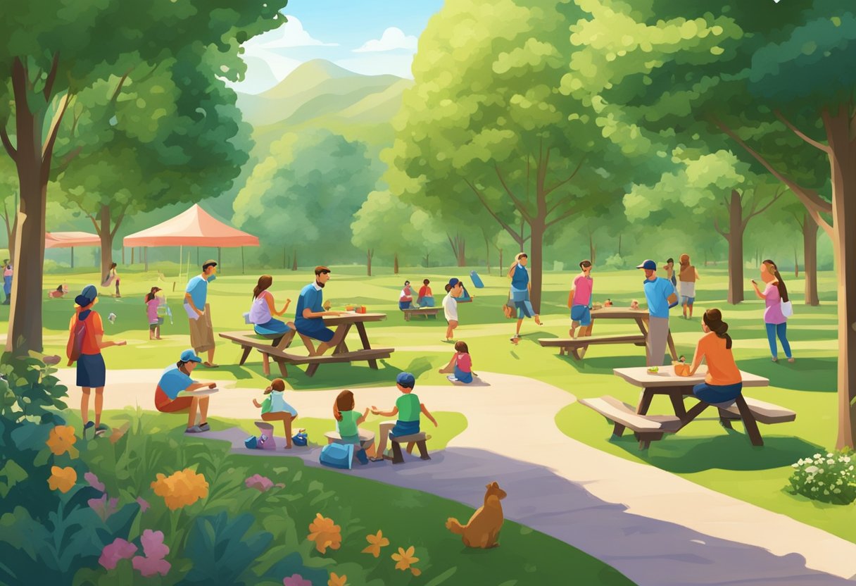Families picnic, play, and hike in a lush park with playgrounds, trails, and open fields, surrounded by trees and nature