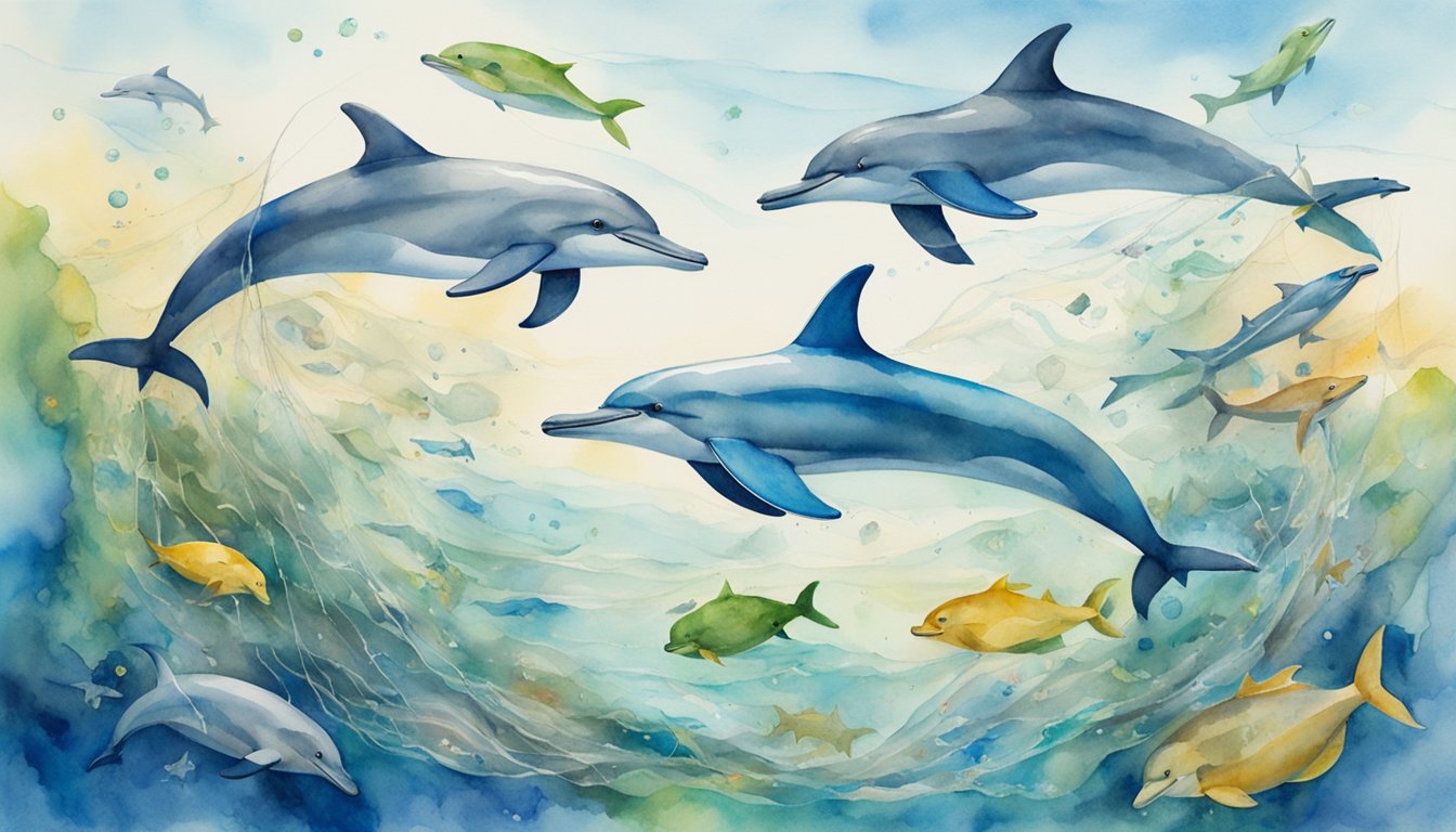 Dolphins swimming in clear water, surrounded by plastic waste and fishing nets.</p><p>They navigate through the debris, showing intelligence and adaptability