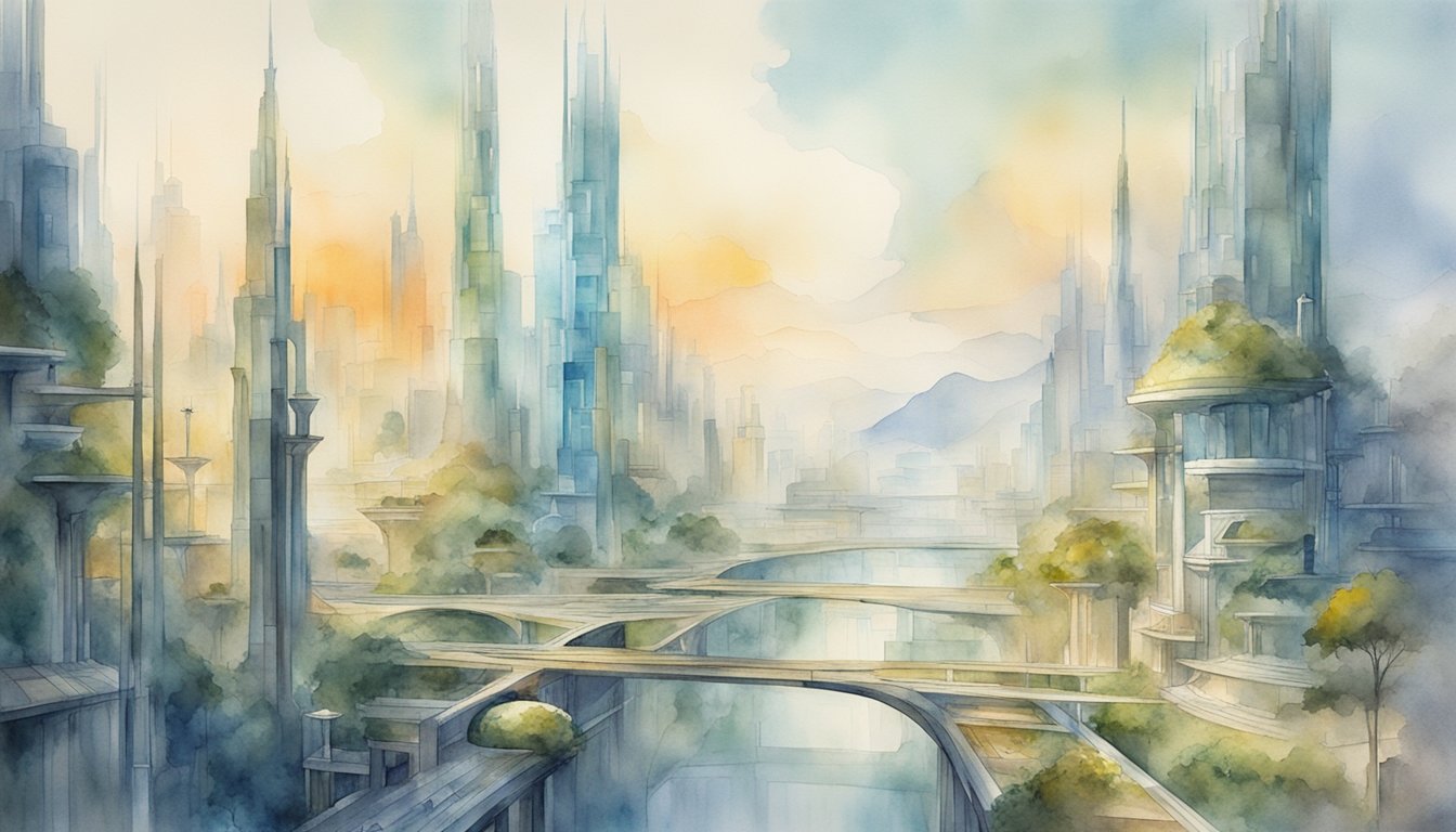 A futuristic cityscape with advanced technology and structures, showcasing the potential evolution of human society