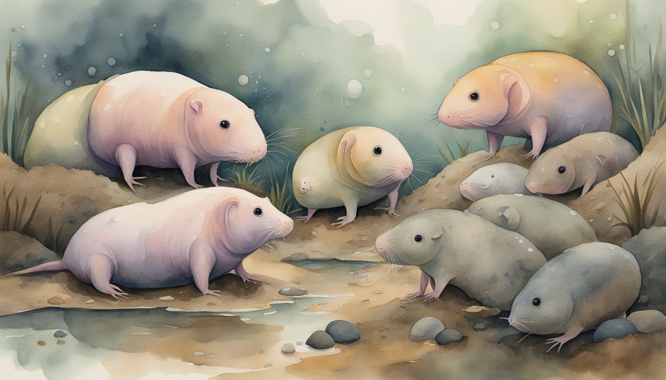 A group of unattractive animals, such as naked mole rats and blobfish, gathered in a dimly lit, muddy environment